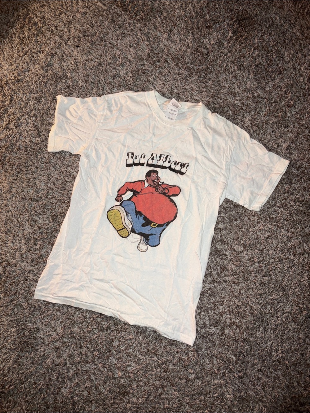 Gildan White Tee with Red & Blue Character Graphic fat albert tshirt